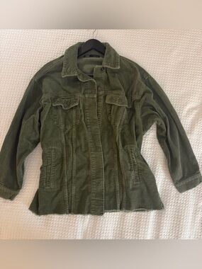 Zara Oversized Sage Green Corduroy Fringed Hem Utility Jacket - Medium